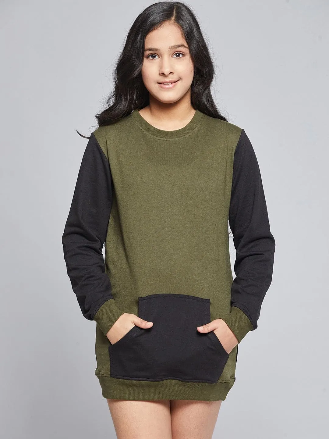 Girls Olive & Black Colorblock Terry Sweat Dress - Lyush Kids