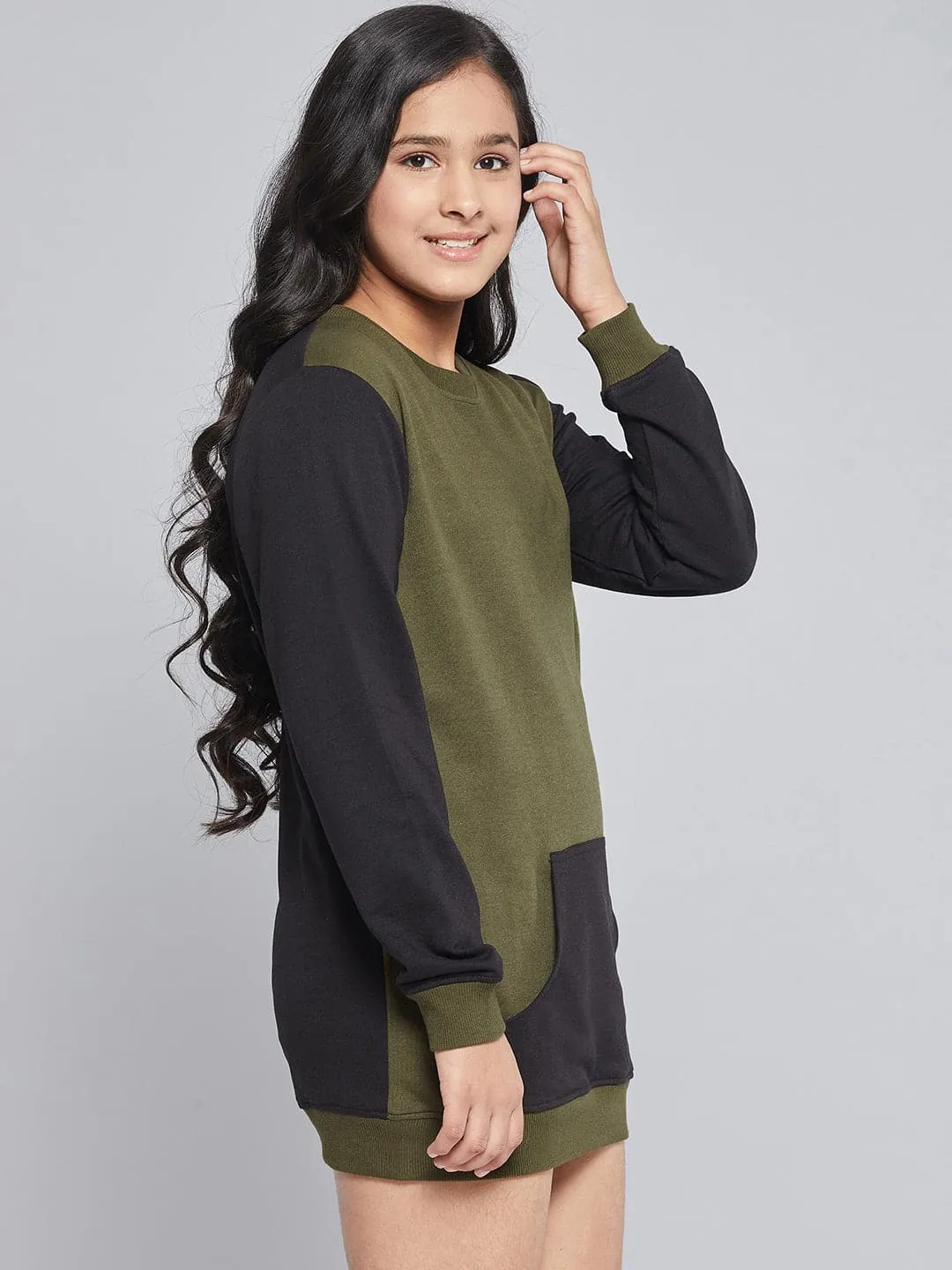 Girls Olive & Black Colorblock Terry Sweat Dress - Lyush Kids