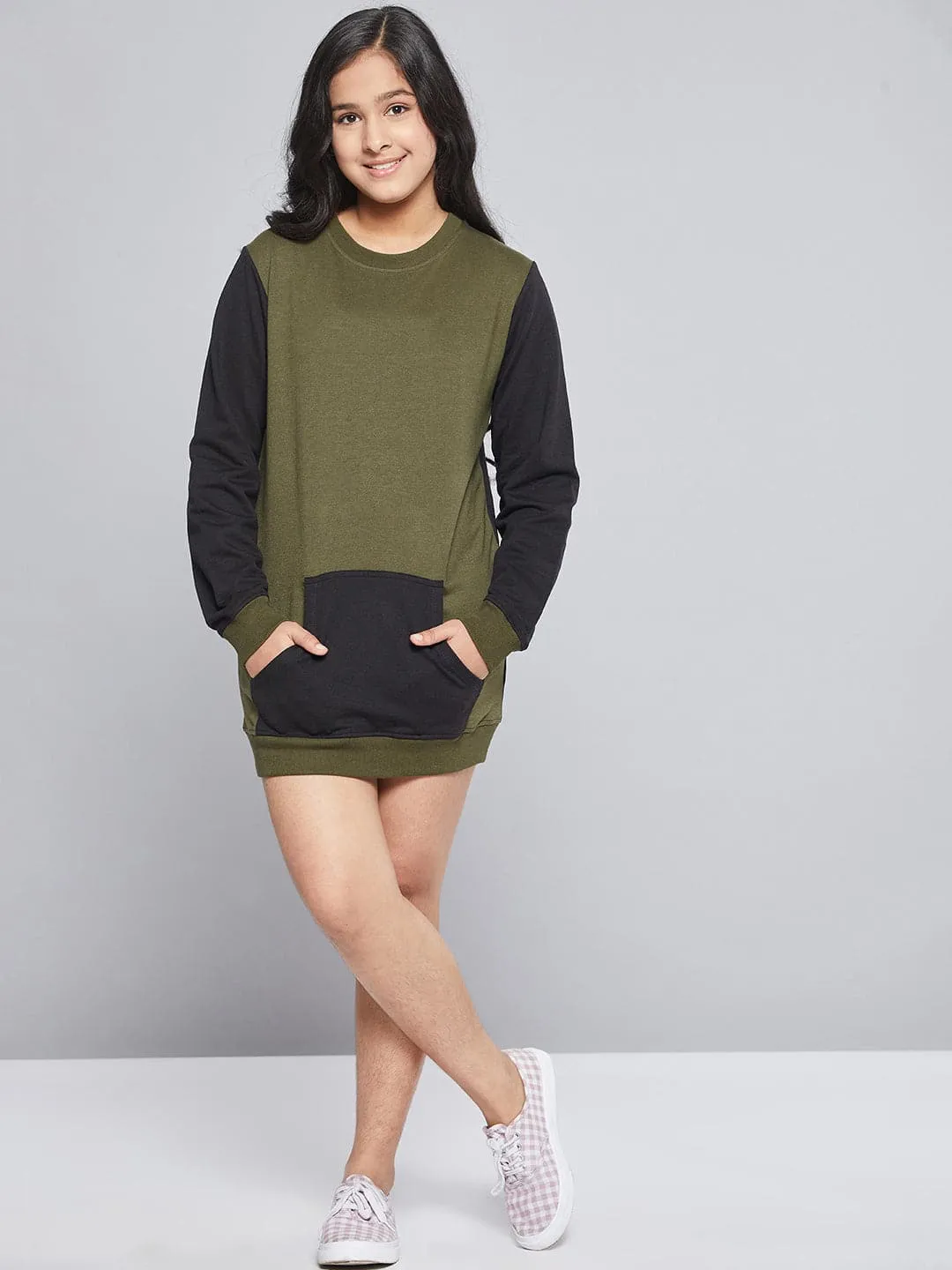 Girls Olive & Black Colorblock Terry Sweat Dress - Lyush Kids