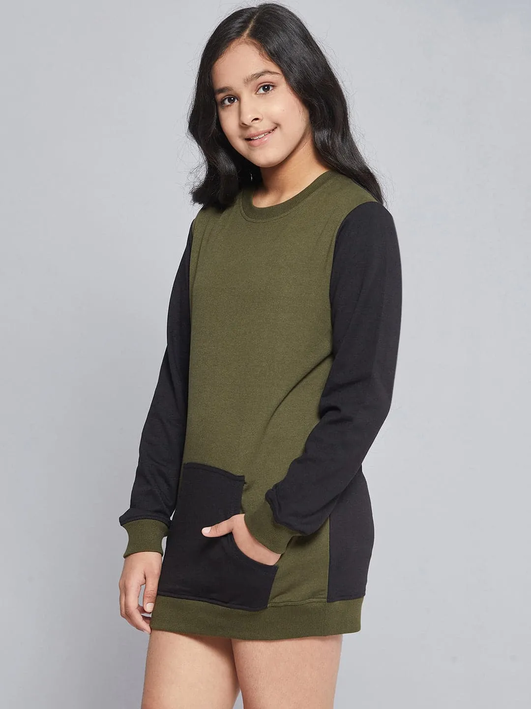 Girls Olive & Black Colorblock Terry Sweat Dress - Lyush Kids