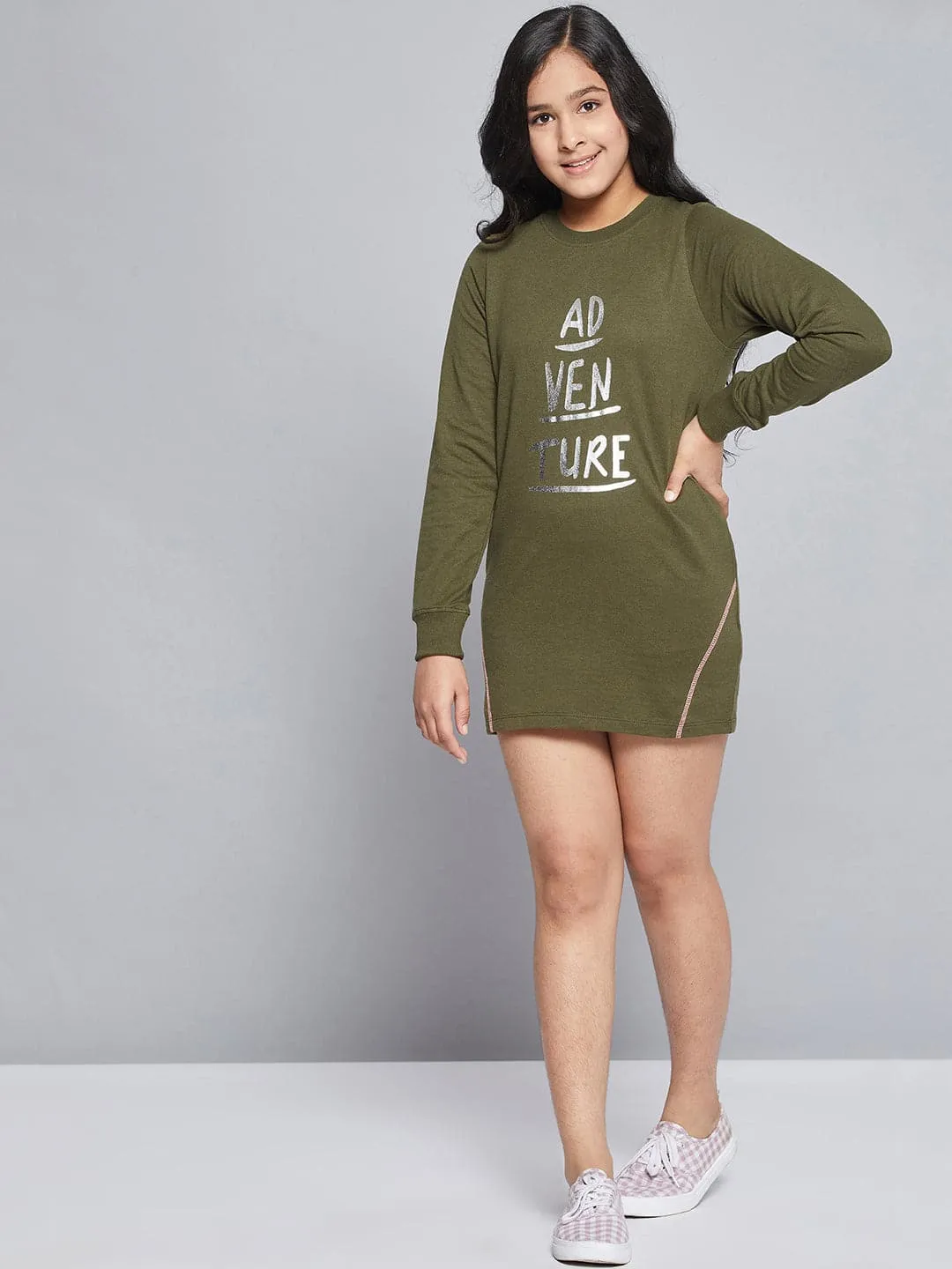 Girls Olive Terry Adventure Sweat Dress - Lyush Kids