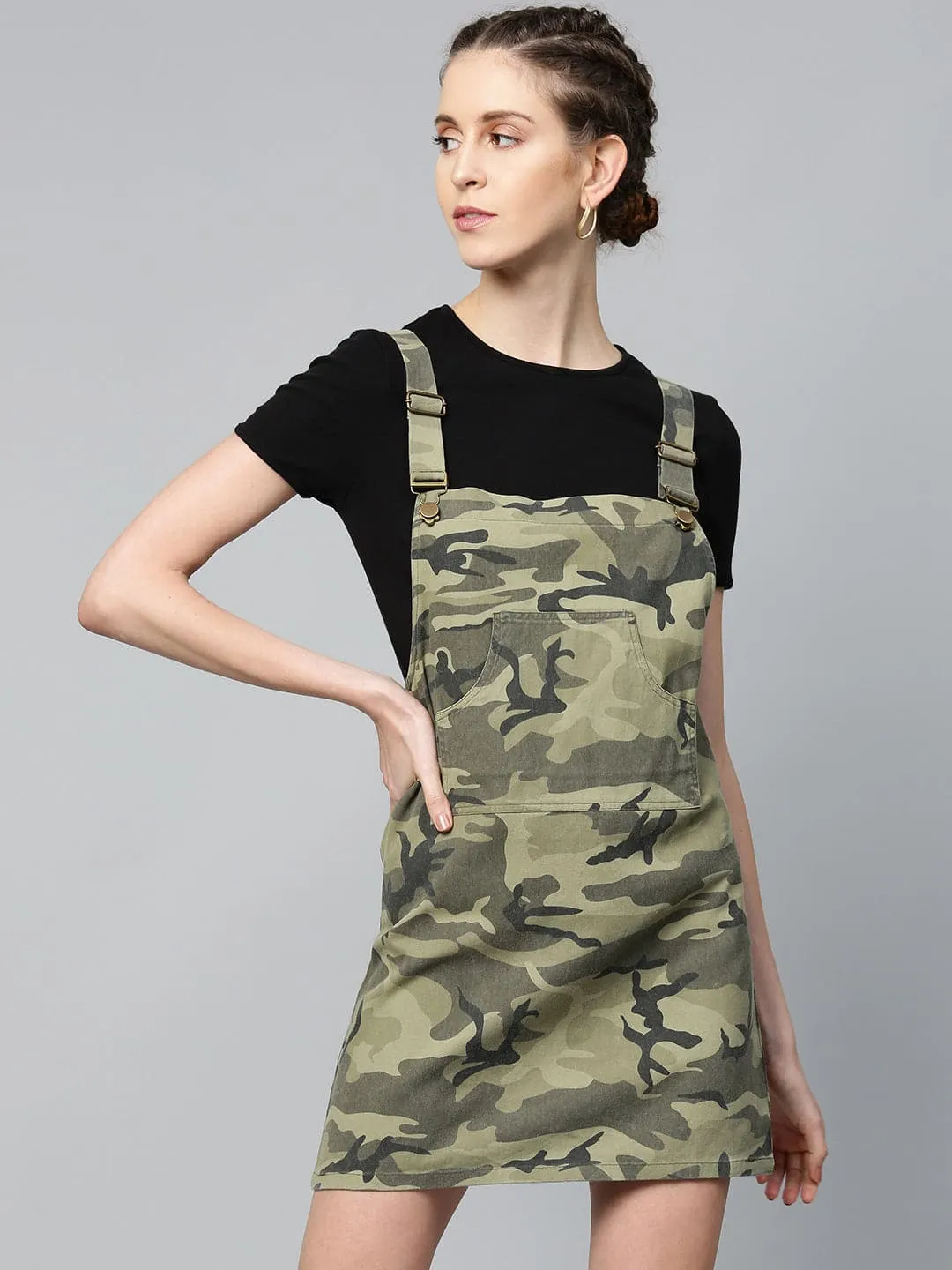 Green Camouflage Twill Pinafore Dress