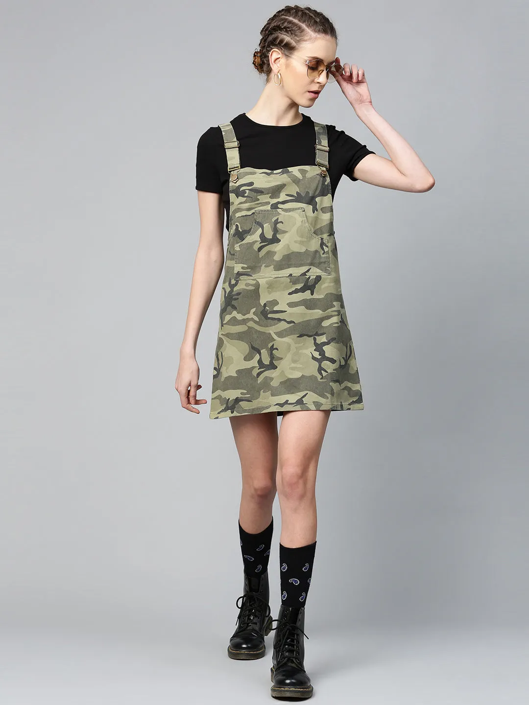 Green Camouflage Twill Pinafore Dress