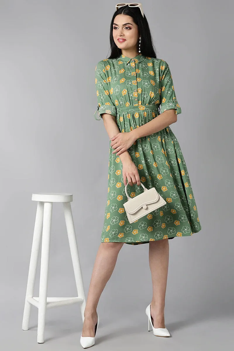 Green Cotton Floral Print Mini Dress