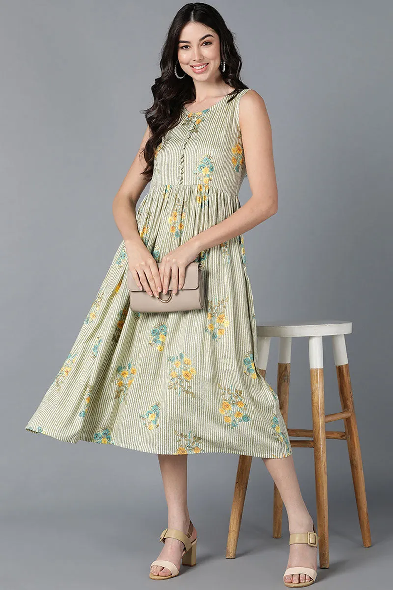 Green Cotton Floral Printed Flared Midi Dress