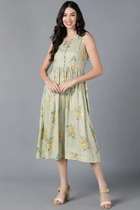 Green Cotton Floral Printed Flared Midi Dress