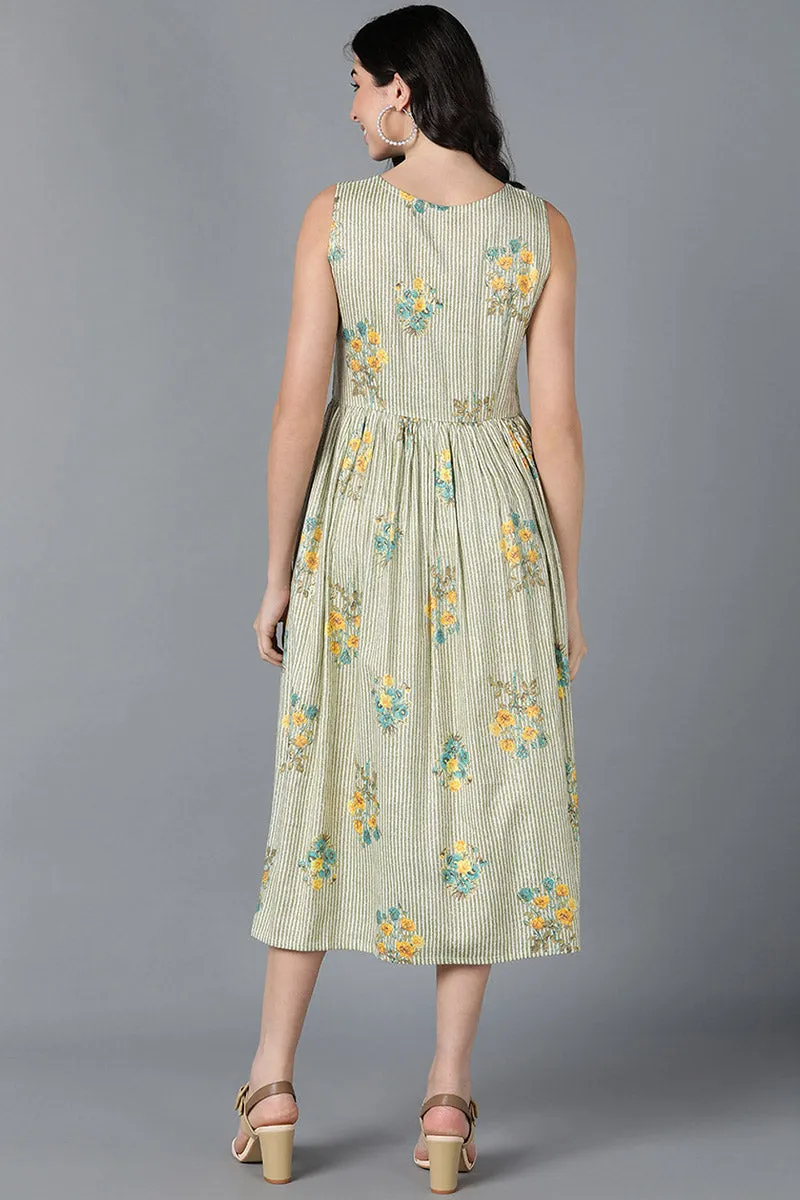 Green Cotton Floral Printed Flared Midi Dress