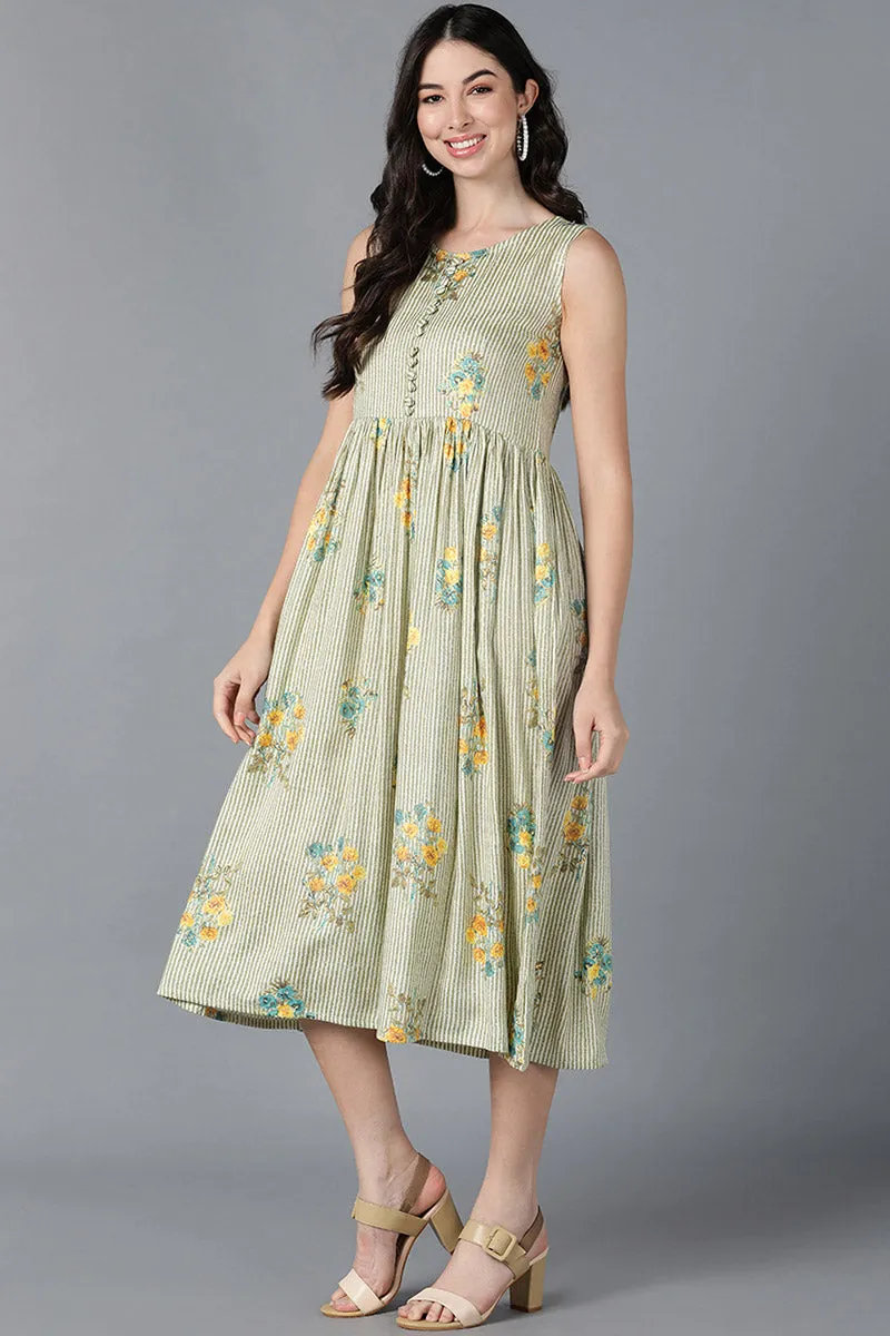 Green Cotton Floral Printed Flared Midi Dress