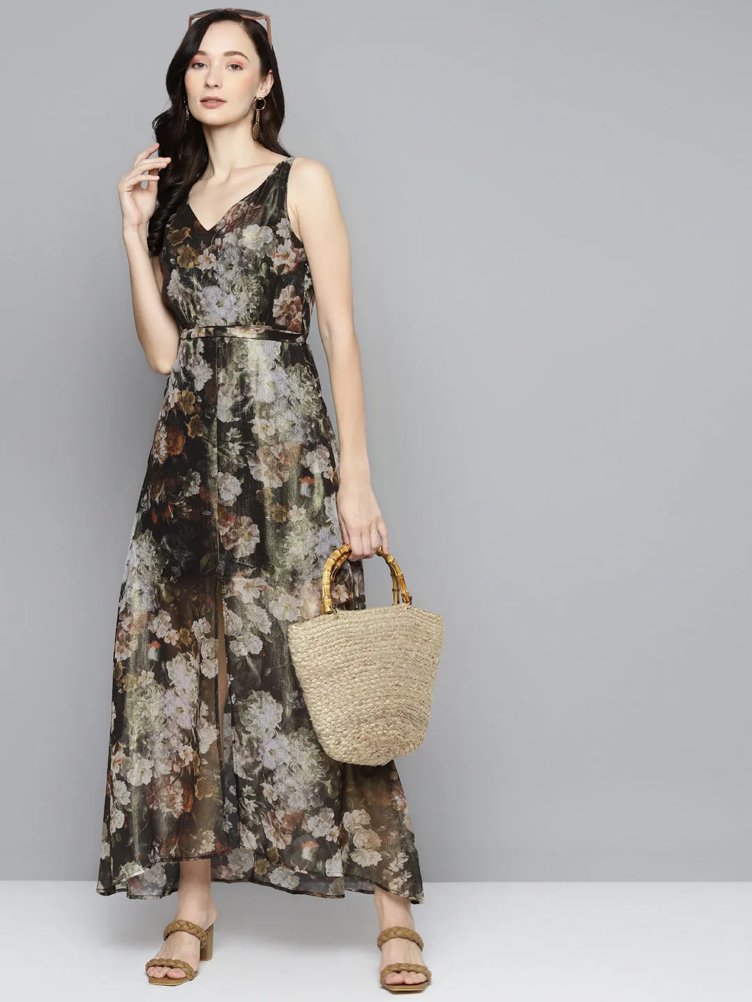 Green Floral Chiffon V-Neck Belted Maxi