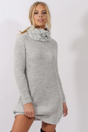 Grey Chunky Turtleneck Knit Jumper Dress - Cloe