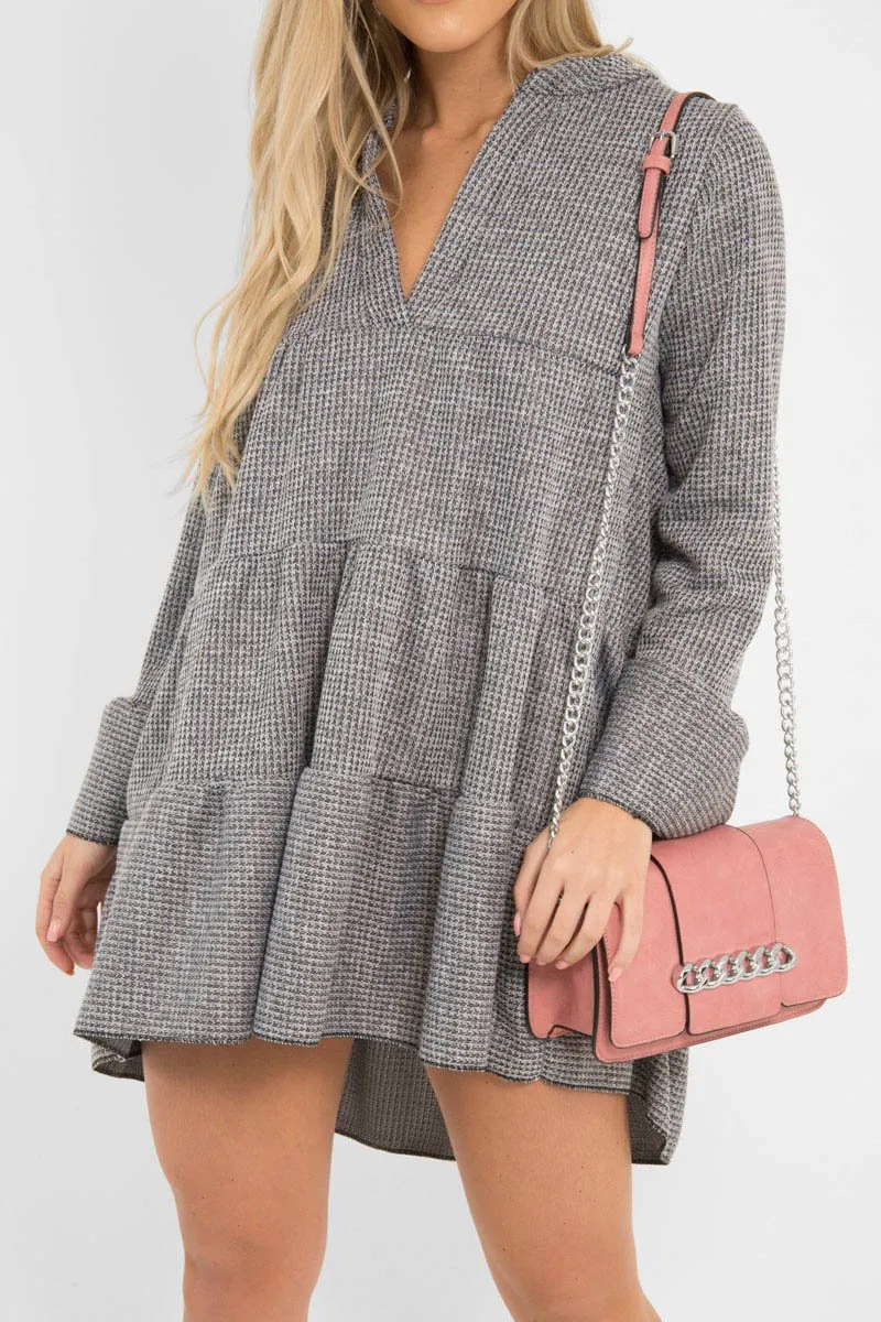 Grey Knit Plunge Flute Sleeve Shift Dress - Halsey