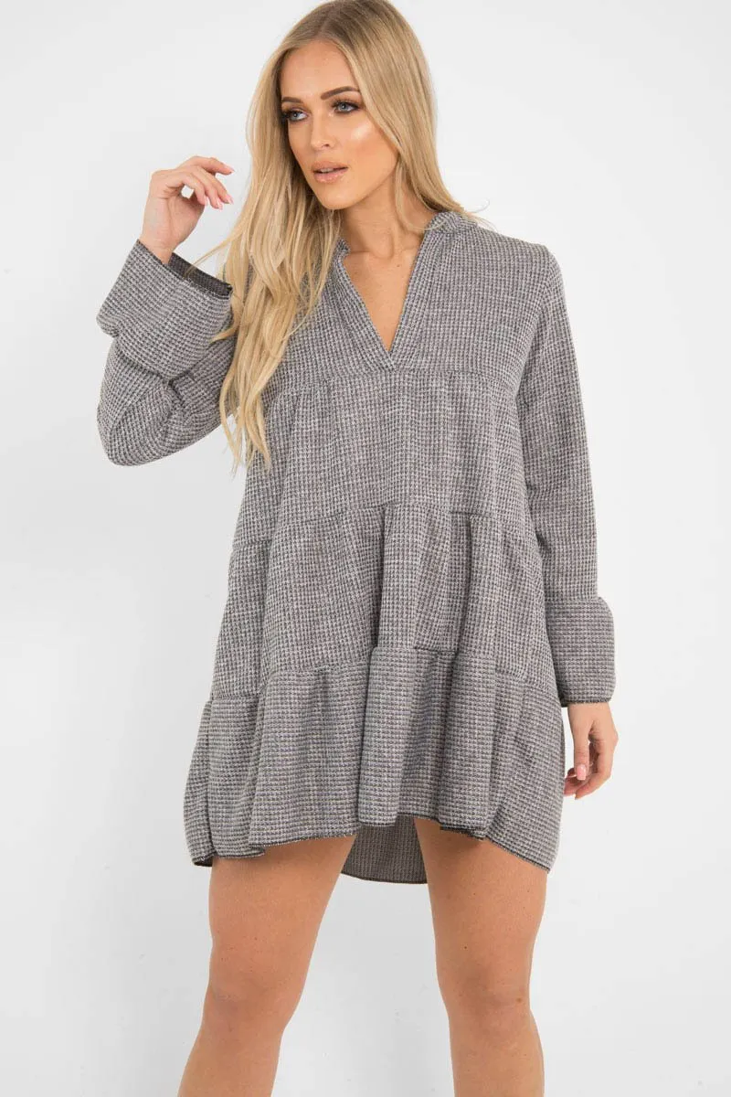 Grey Knit Plunge Flute Sleeve Shift Dress - Halsey