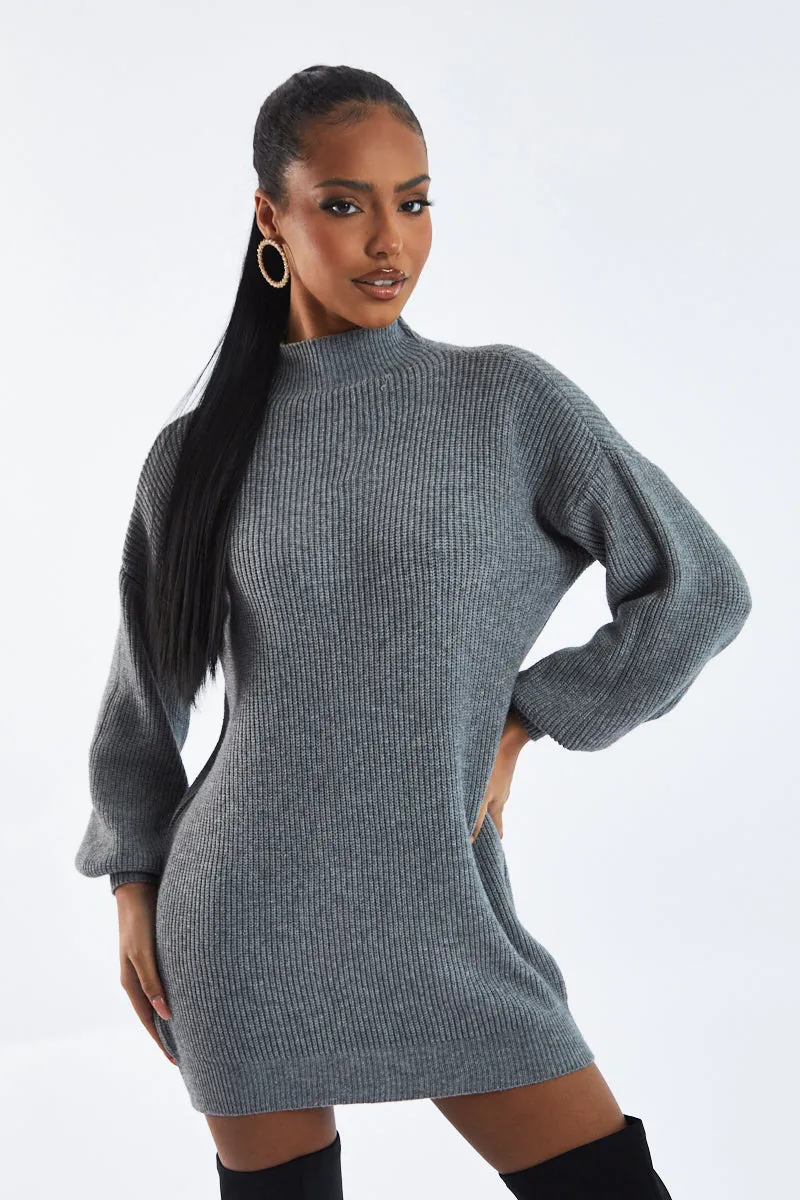 Grey Oversized Knit Jumper Dress - Inez