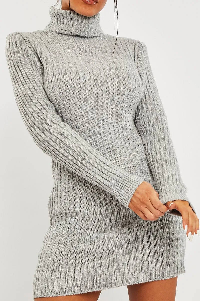 Grey Roll Neck Knit Mini Dress - Franceska