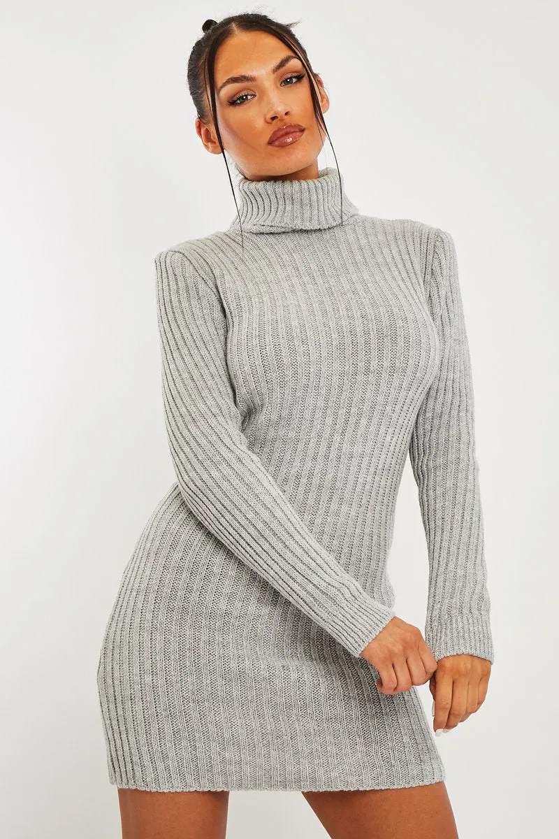 Grey Roll Neck Knit Mini Dress - Franceska