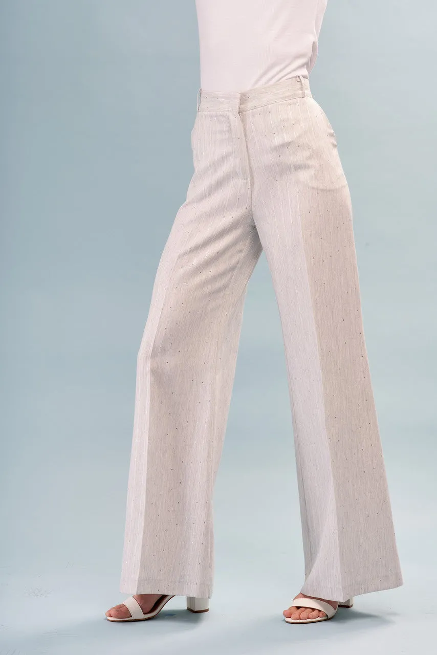 Grey Sequins Wide Leg Pinstripe Pants