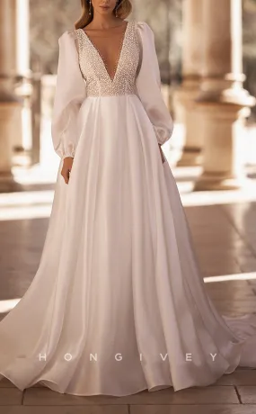 H1086 - Classic Plunging Illusion Long Sleeves Beaded Embellished Boho Wedding Dress