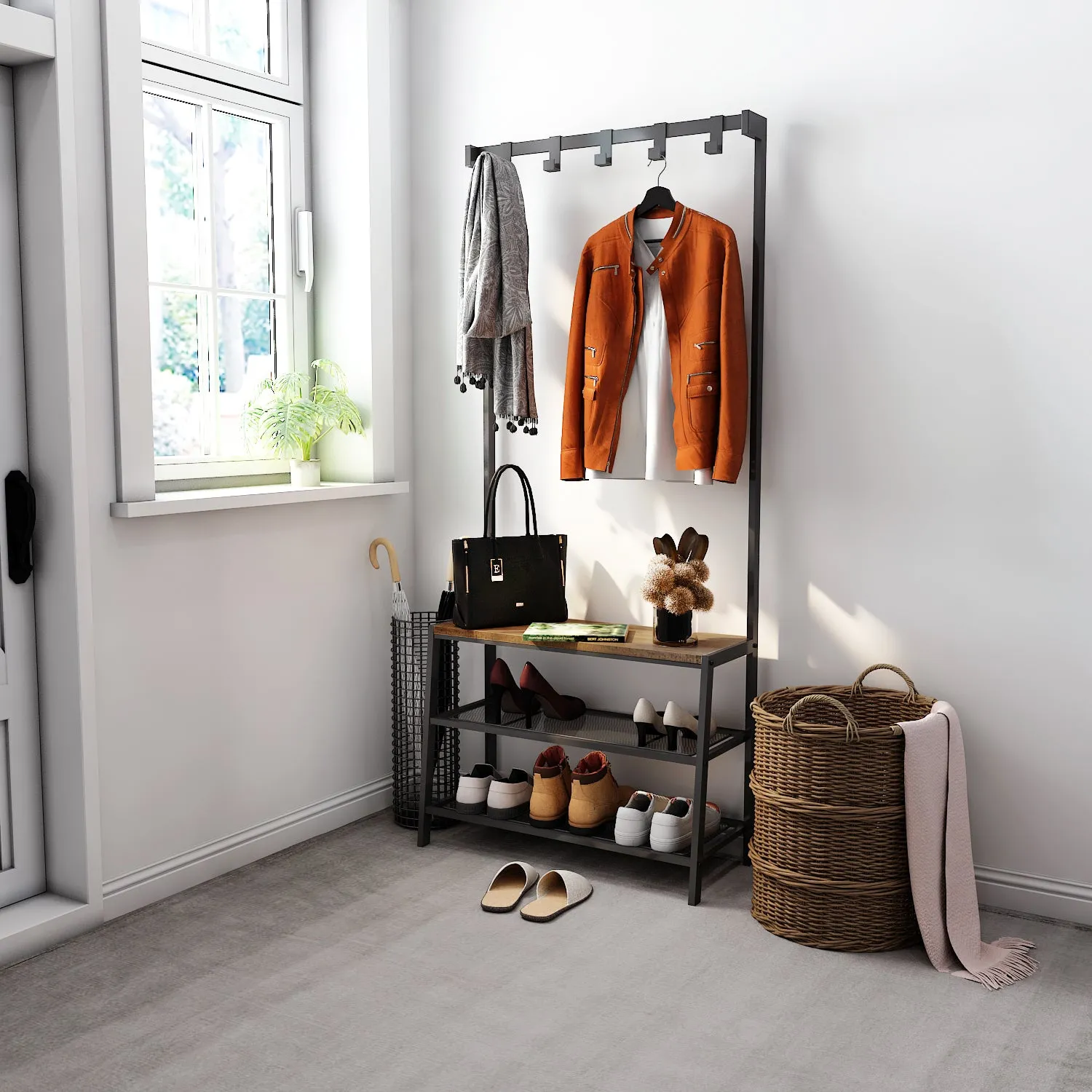 Hall Tree with Storage Bench, Equipped with Extra Two-layer Iron Mesh