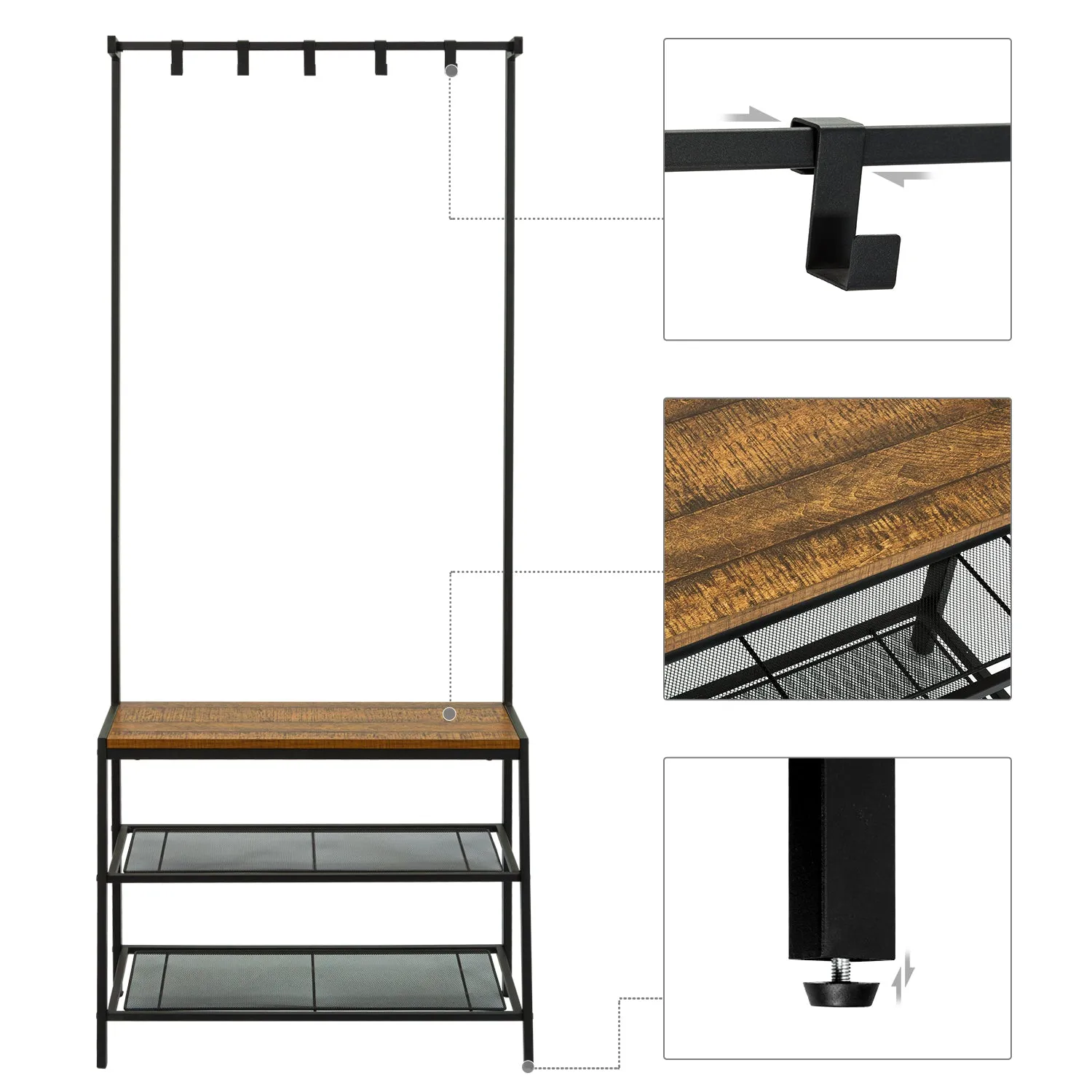 Hall Tree with Storage Bench, Equipped with Extra Two-layer Iron Mesh