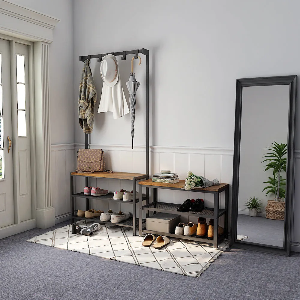 Hall Tree with Storage Bench, Equipped with Extra Two-layer Iron Mesh