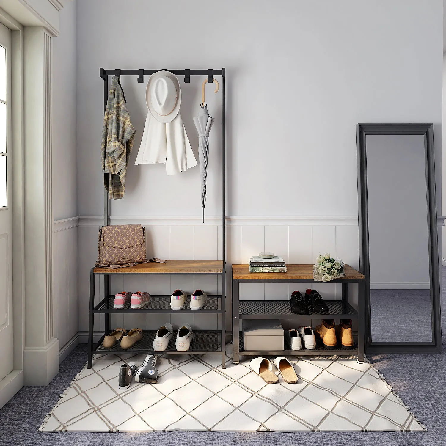 Hall Tree with Storage Bench, Equipped with Extra Two-layer Iron Mesh