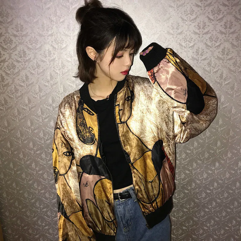 Harajuku Gold Jacket Print Satin Jacket Loose Designer Coats Glitter