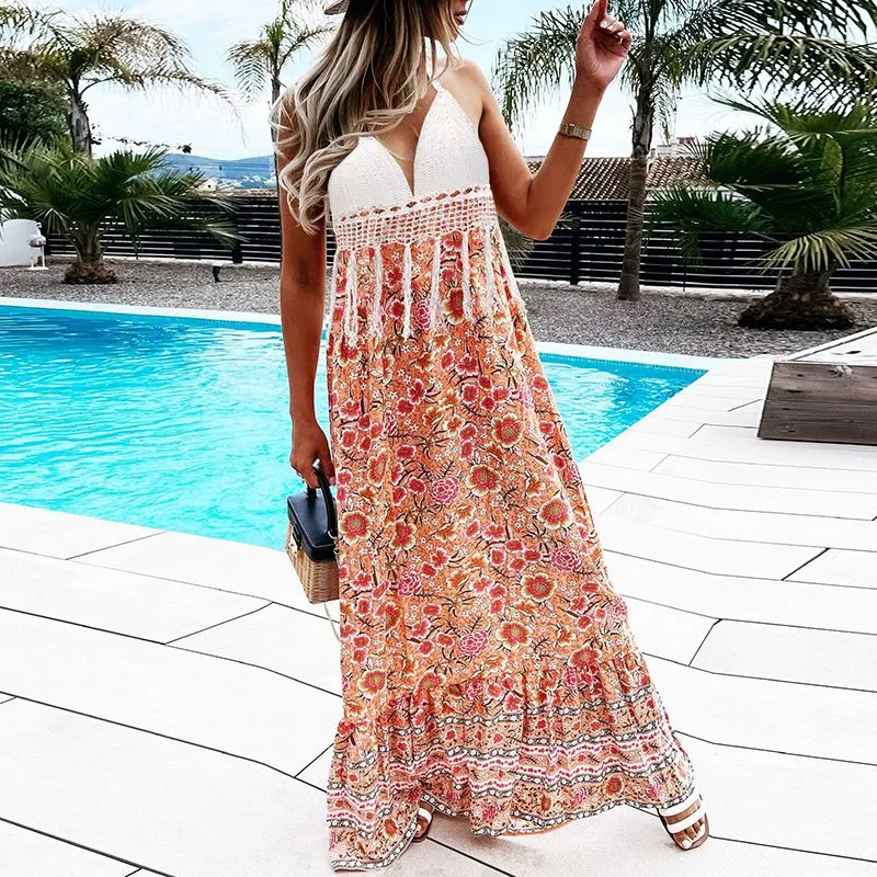 Hawaiian Boho Crochet Halter Tassel Floral Maxi Beach Flare Hem Dress