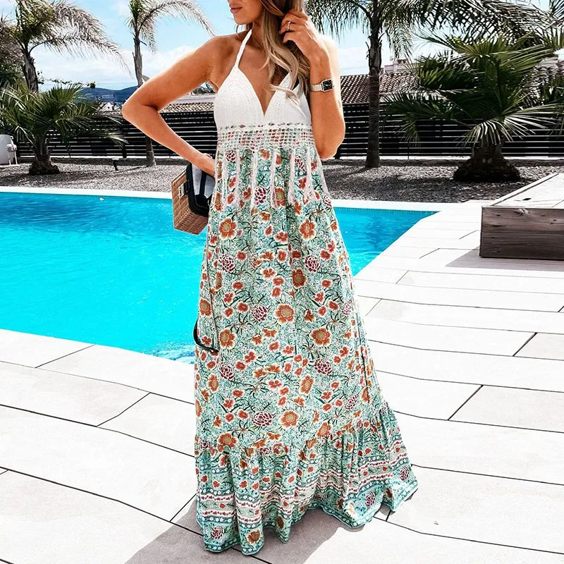 Hawaiian Boho Crochet Halter Tassel Floral Maxi Beach Flare Hem Dress