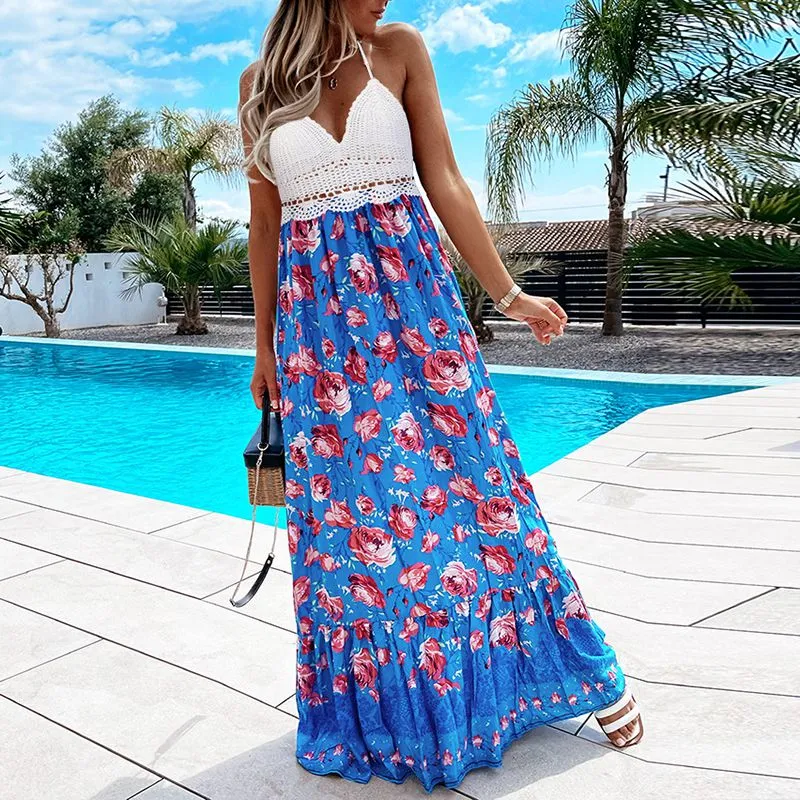 Hawaiian Boho Crochet Halter Tassel Floral Maxi Beach Flare Hem Dress