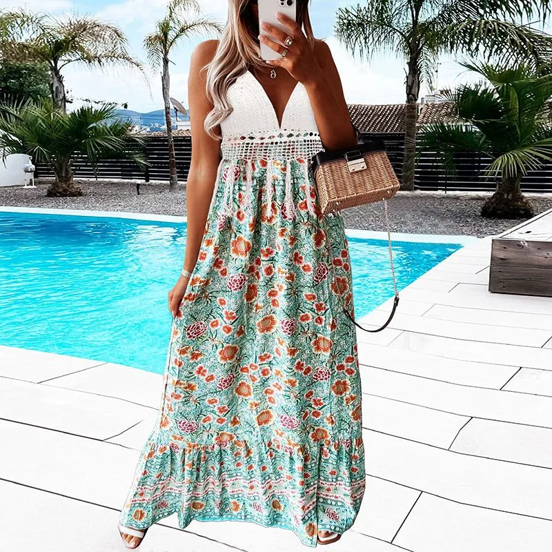 Hawaiian Boho Crochet Halter Tassel Floral Maxi Beach Flare Hem Dress