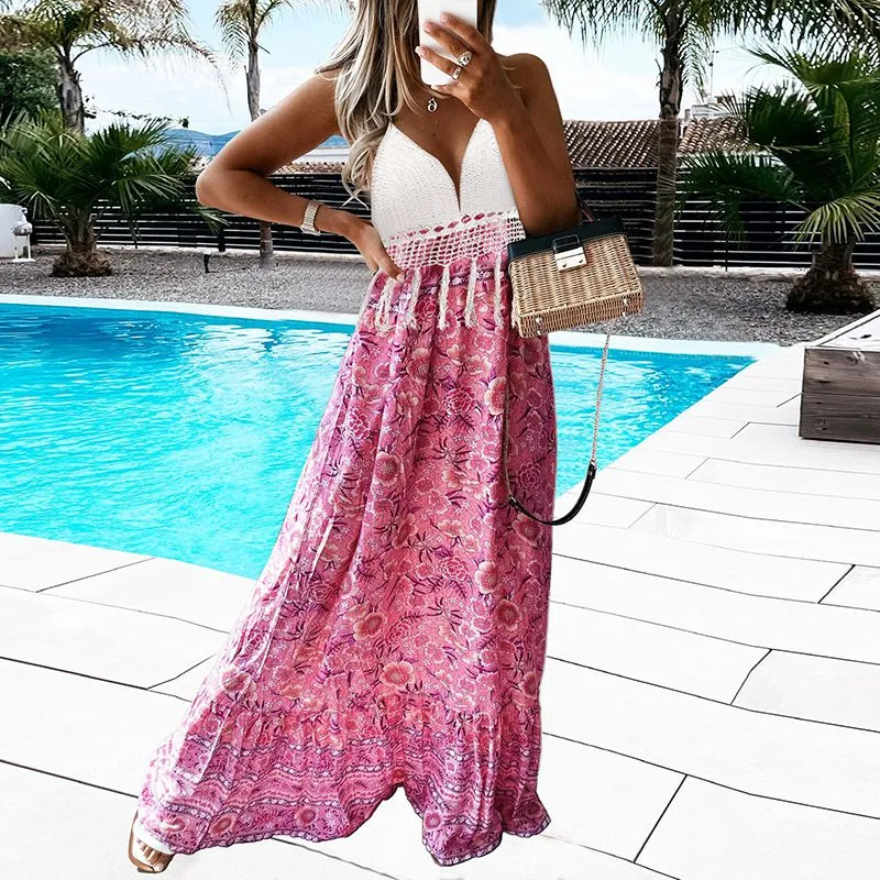 Hawaiian Boho Crochet Halter Tassel Floral Maxi Beach Flare Hem Dress