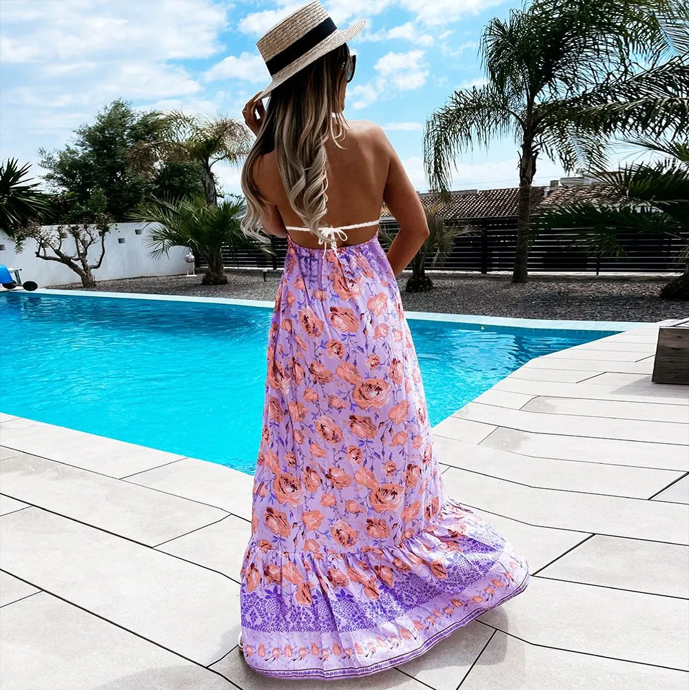 Hawaiian Boho Crochet Halter Tassel Floral Maxi Beach Flare Hem Dress