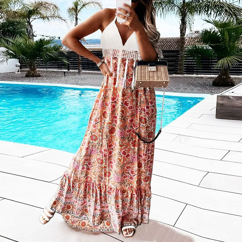 Hawaiian Boho Crochet Halter Tassel Floral Maxi Beach Flare Hem Dress