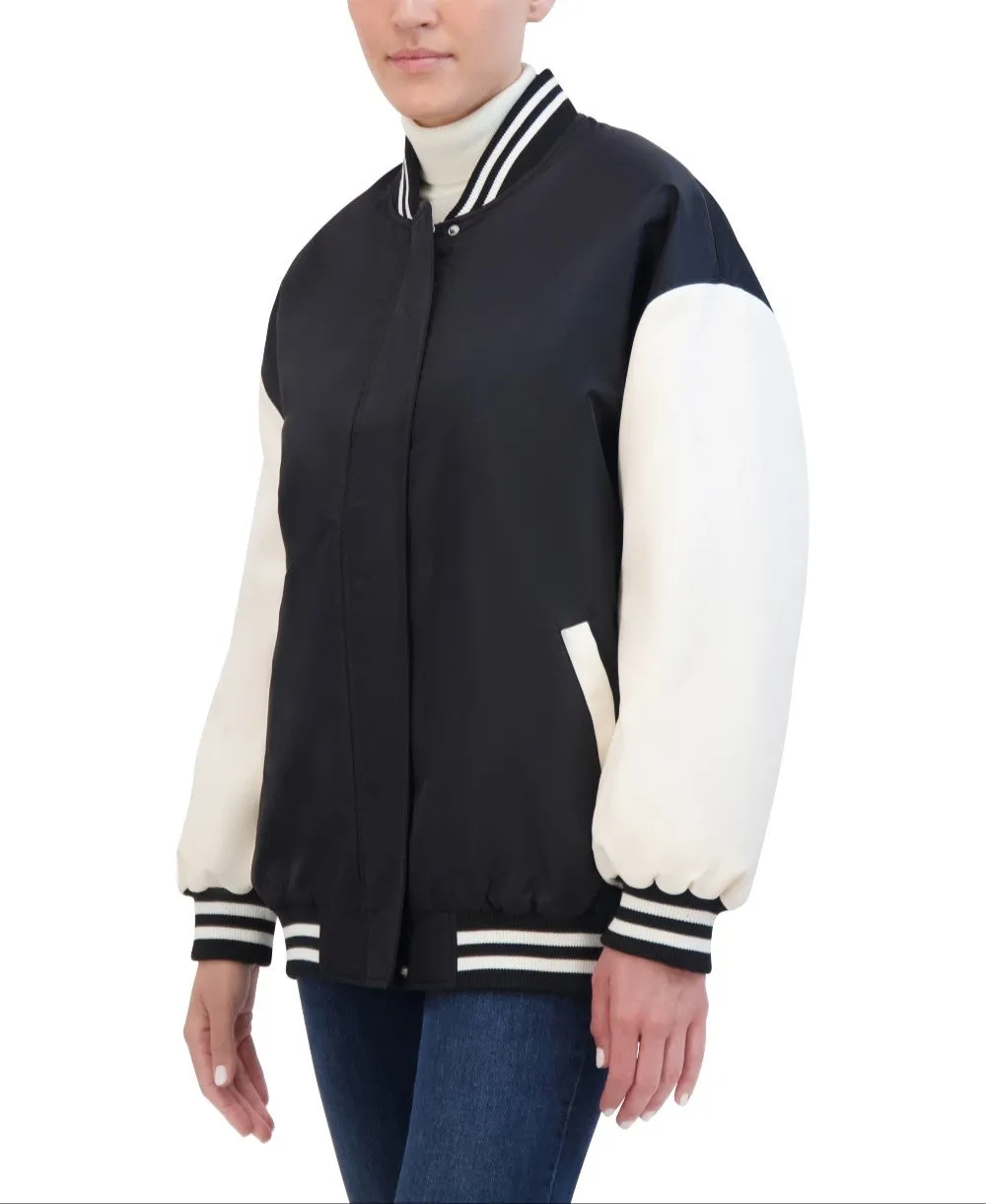 Hudson Jeans Women's Oversized Varsity Jacket With Vegan Leather Sleeves