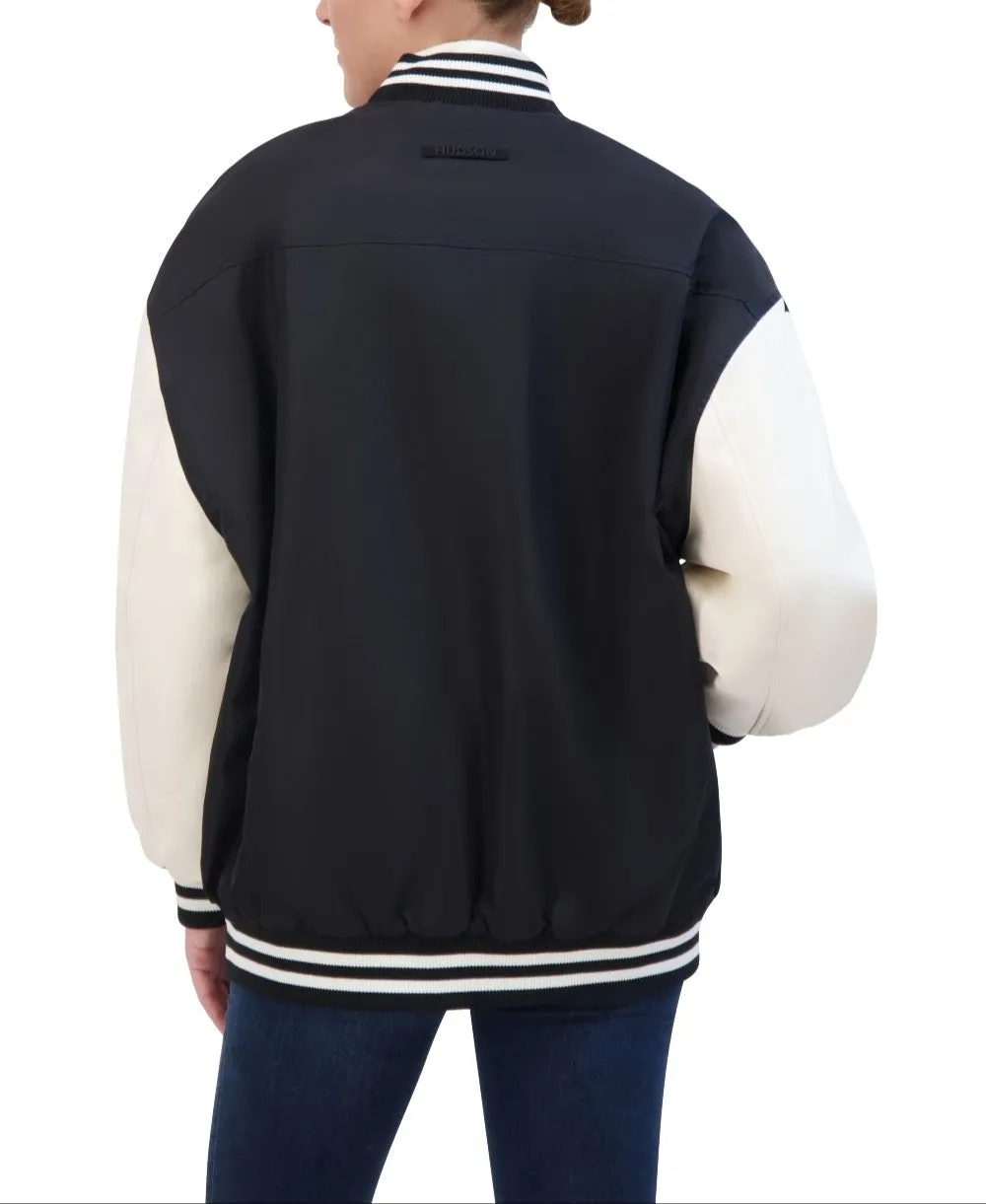 Hudson Jeans Women's Oversized Varsity Jacket With Vegan Leather Sleeves