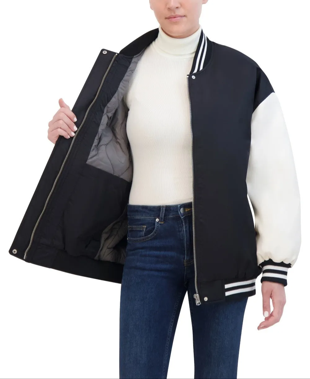 Hudson Jeans Women's Oversized Varsity Jacket With Vegan Leather Sleeves