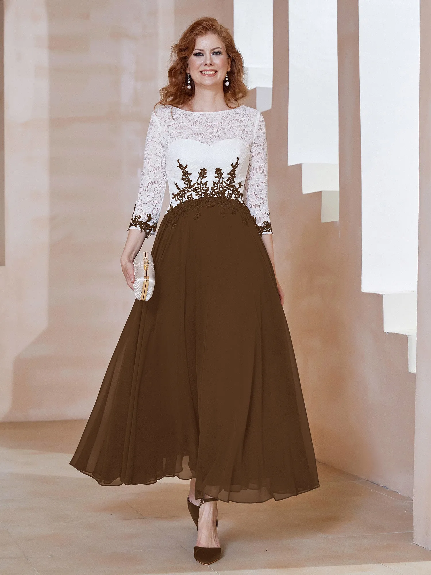 Illusion Neckline Applique Long Sleeves Dress Brown