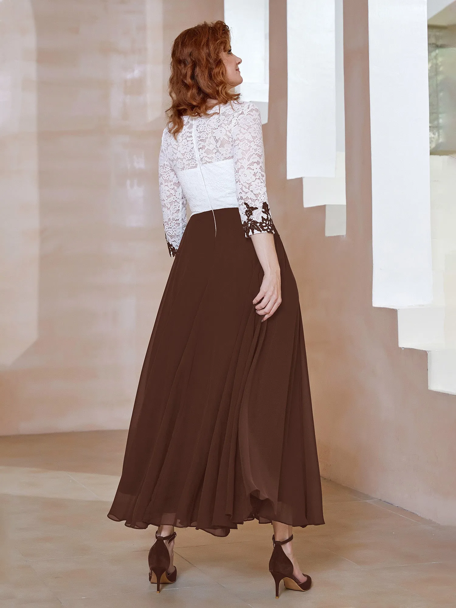 Illusion Neckline Applique Long Sleeves Dress Chocolate