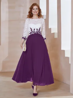 Illusion Neckline Applique Long Sleeves Dress Grape