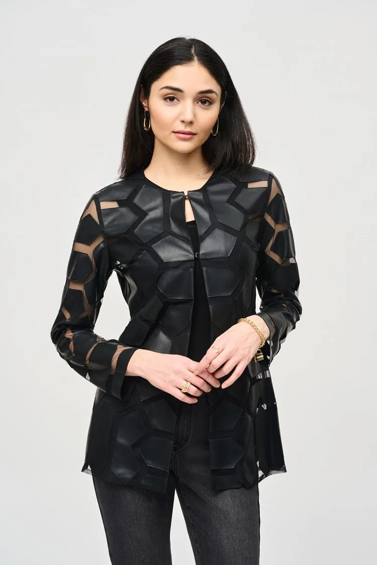 Joseph Ribkoff Laser-Cut Leatherette on Mesh Jacket Black 241905F24