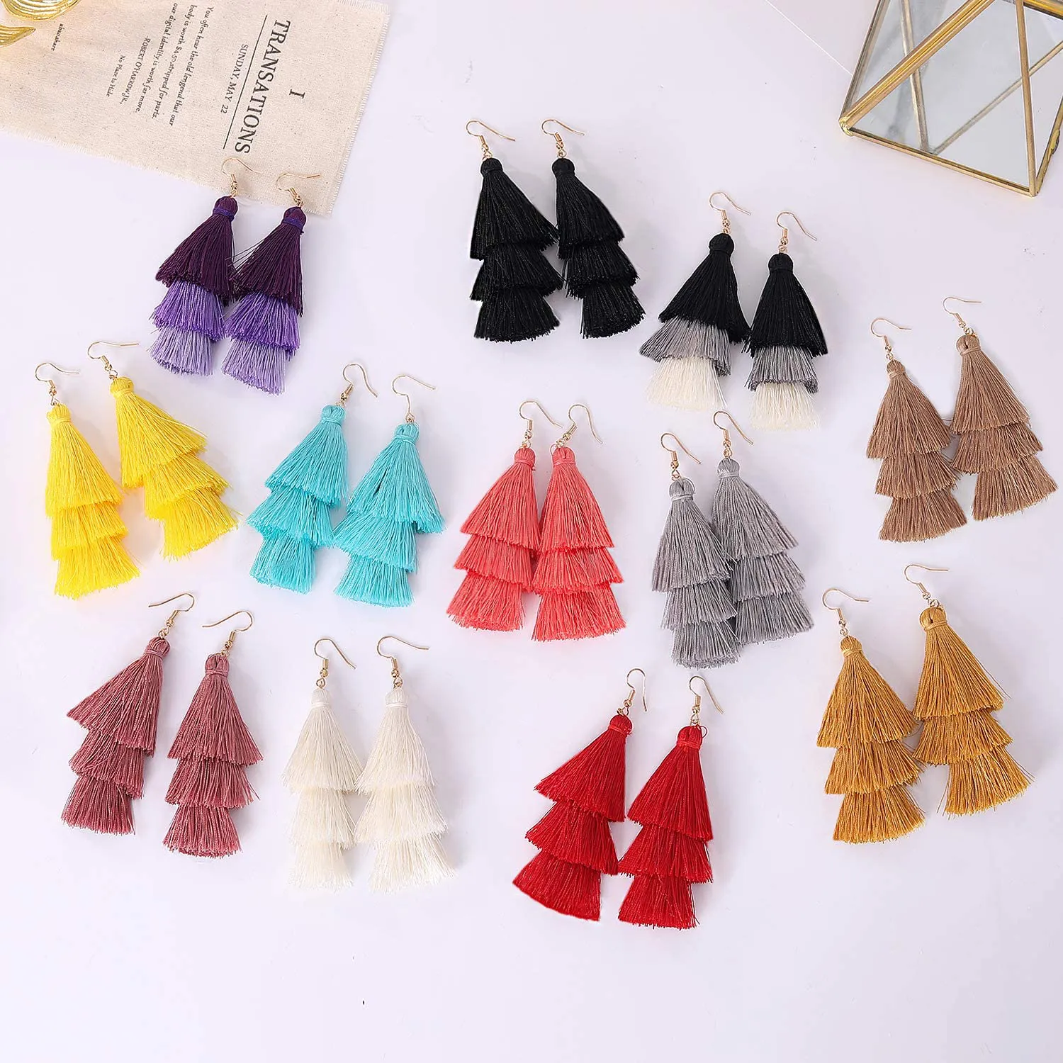 Jugalstar Colorful Tassel Earrings 3 Tier Layered Bohemian, Eardrop Big Dangle Drop Fashion Jewelry Earrings for Women Teen Girls Valentine Birthday Party Gift