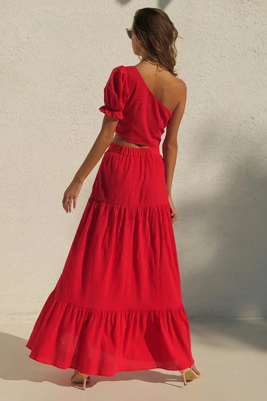 Kaylee red maxi skirt and one shoulder top (sold as separates)