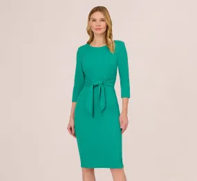 Knit Crepe Bow Sheath Dress With Three Quarter Sleeves In Botanic Green