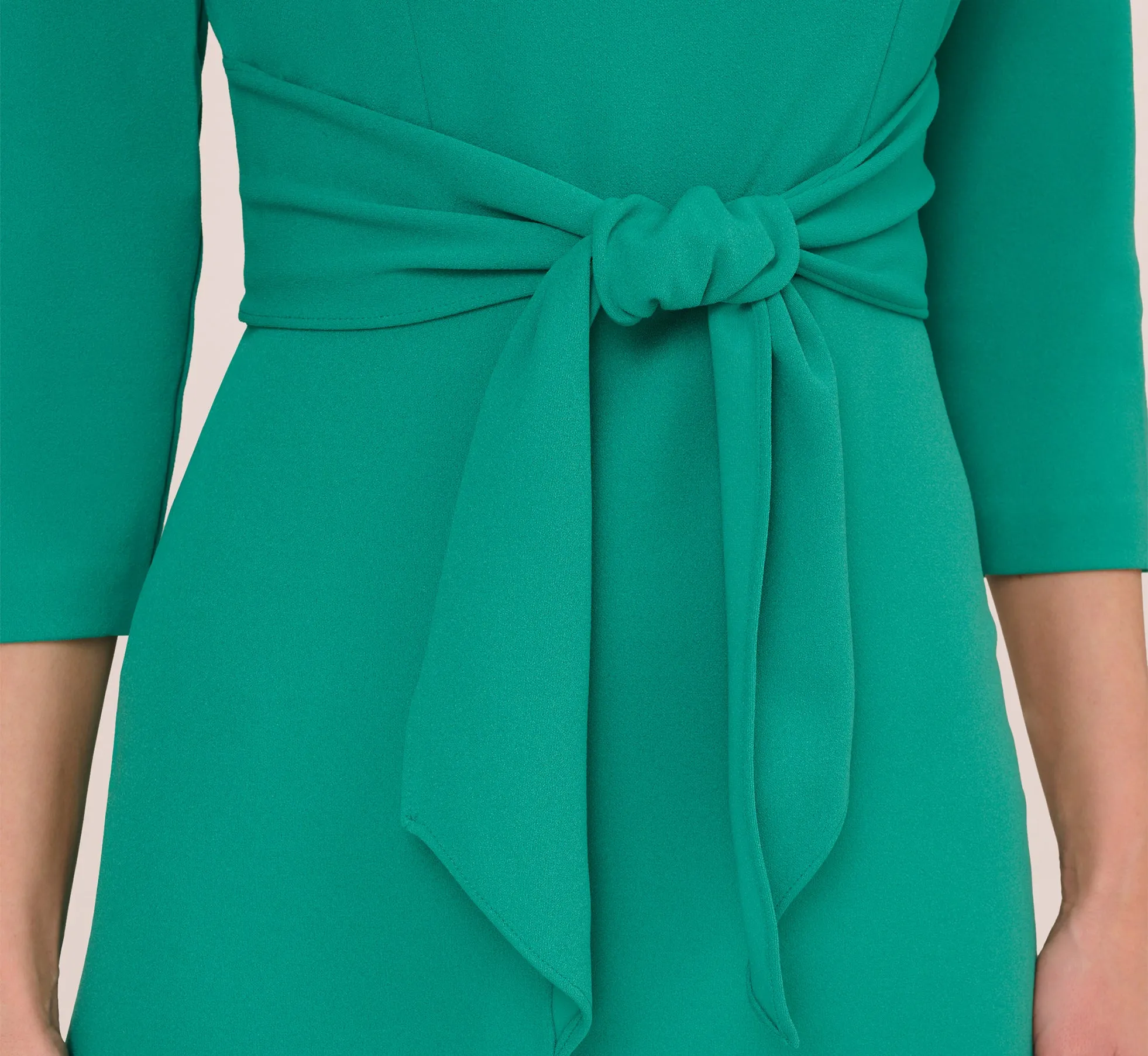 Knit Crepe Bow Sheath Dress With Three Quarter Sleeves In Botanic Green