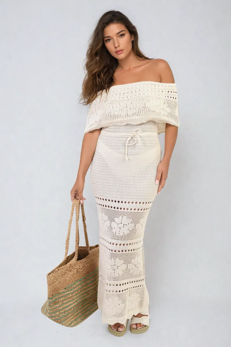 Knit Crochet Off Shoulder Maxi Dress