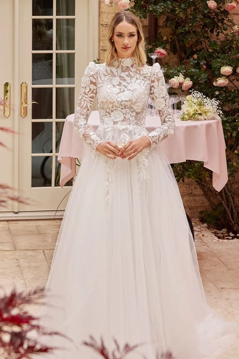 Ladivine CDS433W Sheer Lace Long Sleeve Bridal Ballgown Classy Wedding Dress Tulle Modest