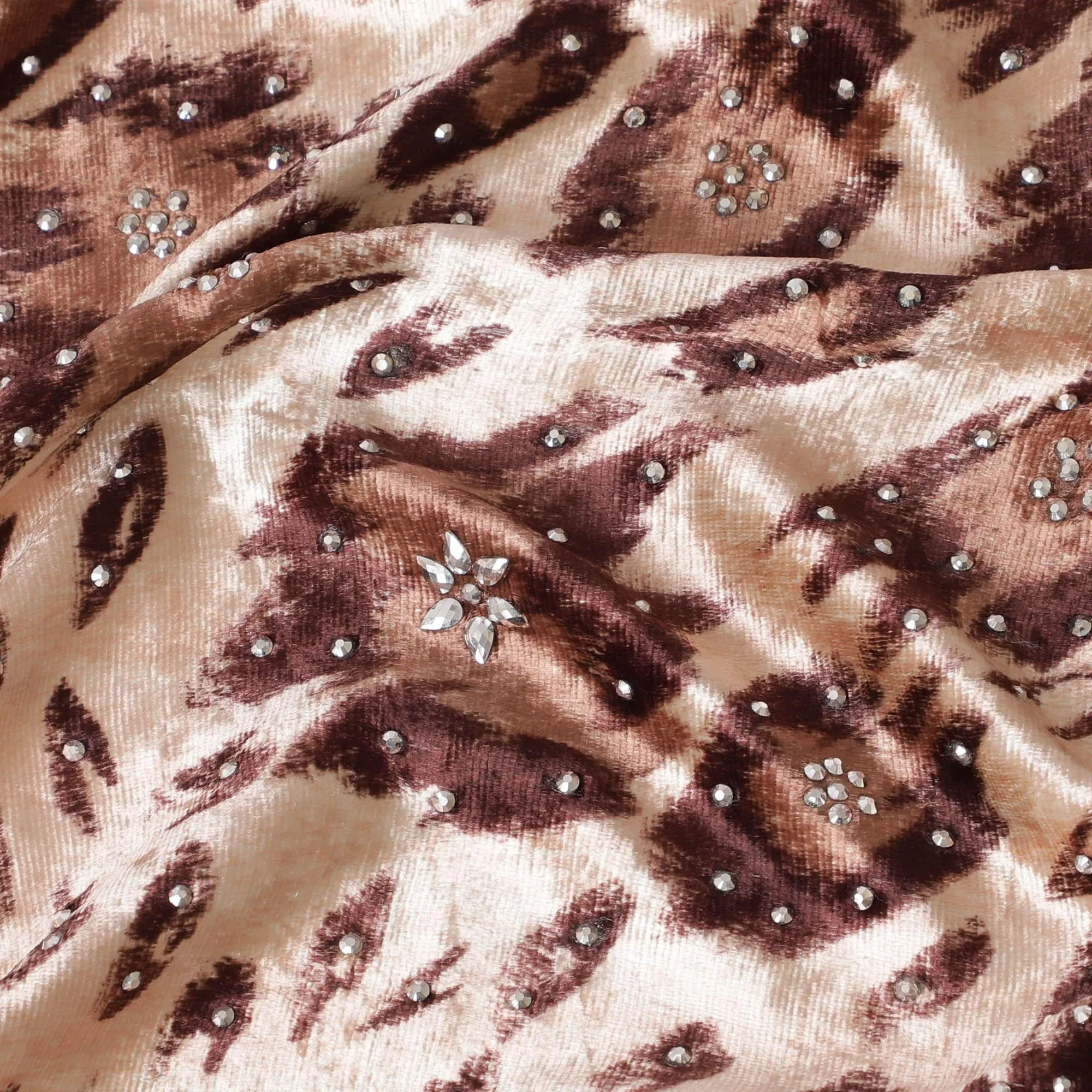 Latte beige silk blended velvet fabric with pale brown and brown print in abstract design-D15175