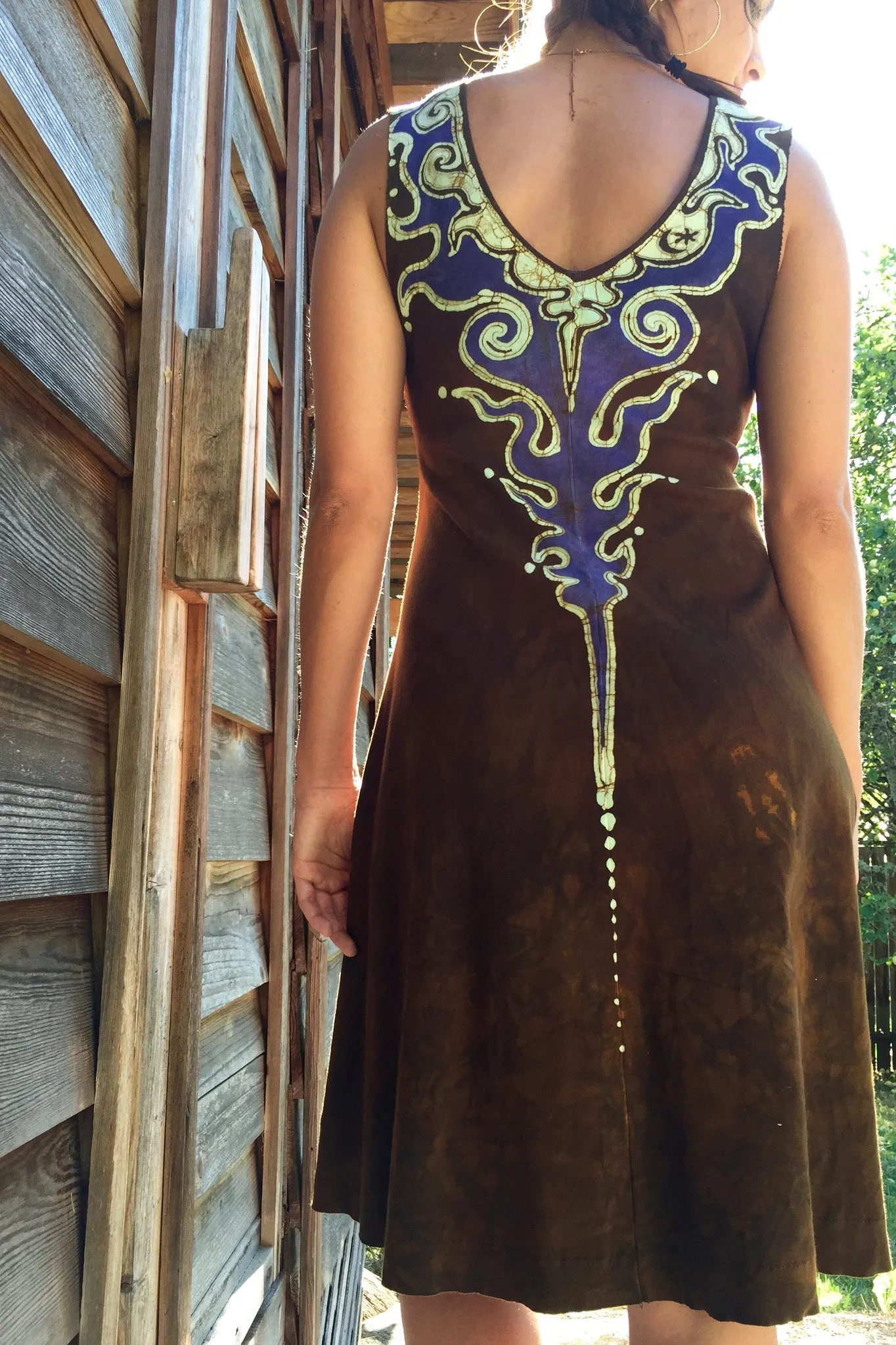 Lava Rock Handmade Batik Dress In Organic Cotton - Gold and Bohemian Purple