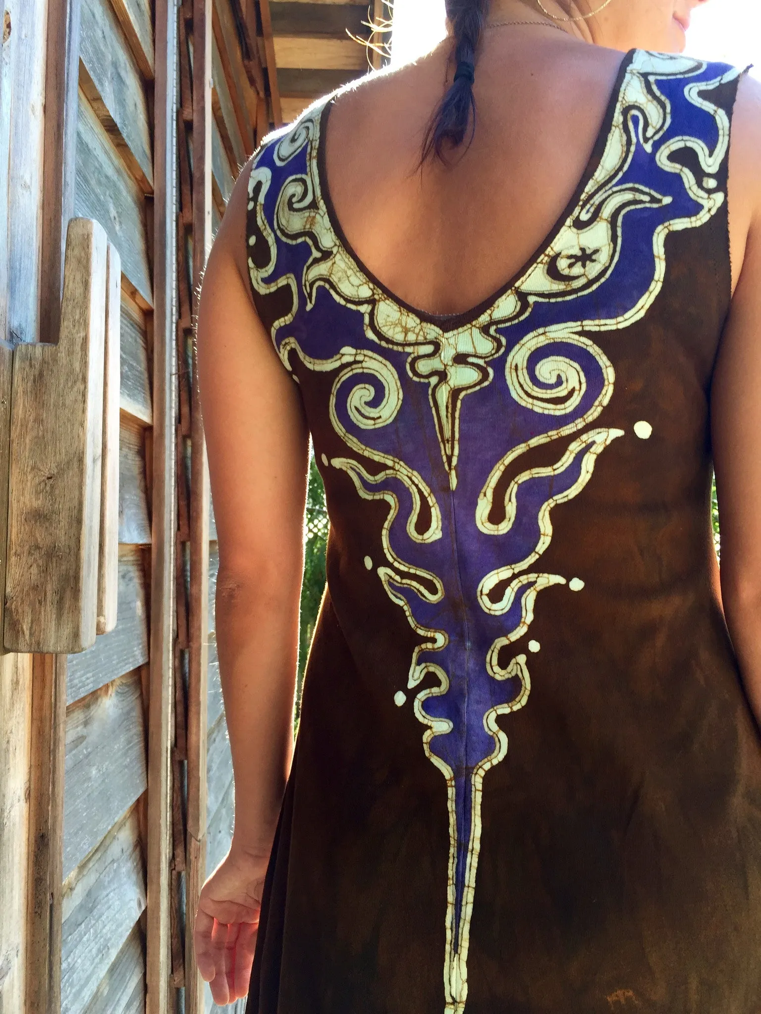 Lava Rock Handmade Batik Dress In Organic Cotton - Gold and Bohemian Purple