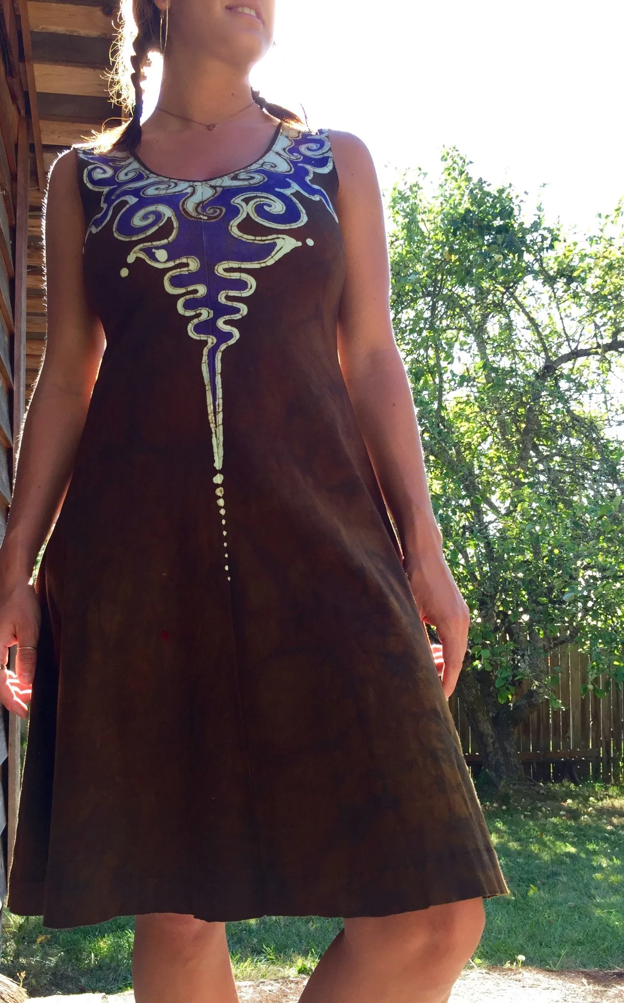 Lava Rock Handmade Batik Dress In Organic Cotton - Gold and Bohemian Purple